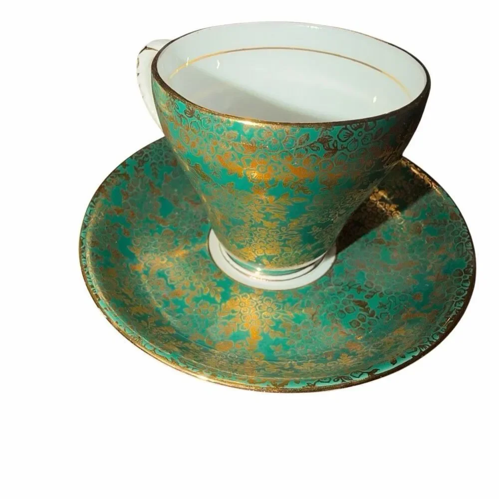 Royal Grafton-bone China-teacup, saucer porcelain Dark green gold floral design